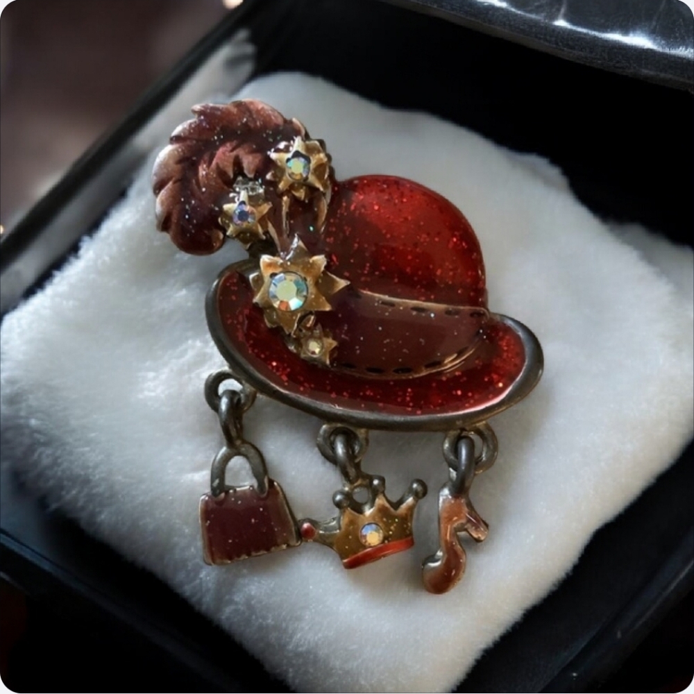 AJMC Vintage Red Hat Society brooch W/ hanging charms Collectable Signed